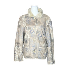 Vtg Y2K Womens Faux Suede Jacket S Cream Sherpa Lined Artsy Boho Hippie Scandi